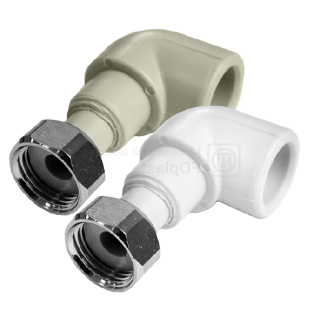 картинка Полипропиленовый угольник 90˚ с накидной гайкой FDplast PN25 20х1/2'' мм белый от завода FDPLAST 