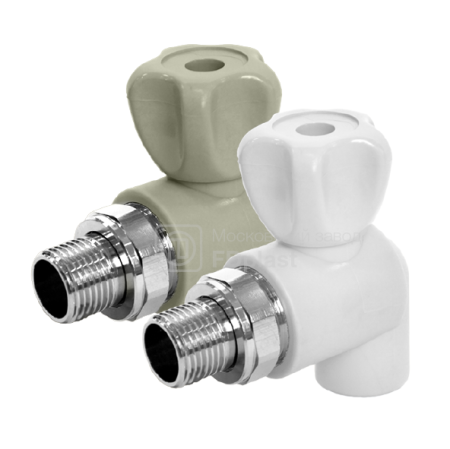 картинка Угловой полипропиленовый шаровой кран для радиатора FDplast PN25 20х1/2'' мм белый от завода FDPLAST 